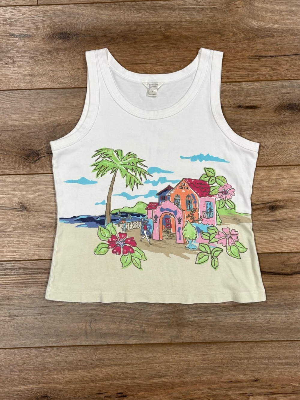 CHRISTOPHER & BANKS 2005 Y2k Palm Tree Tropical Graphic Tank Top | Size Small